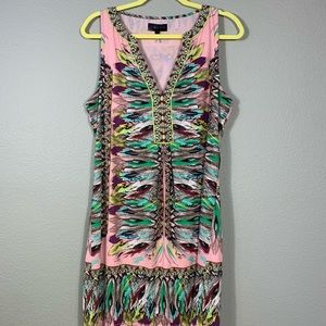Hale Bob Pink Feather Print Sleeveless Sheath Dress L